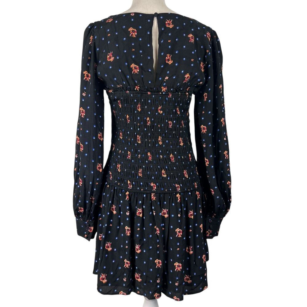 Free People Two Faces Mini Dress Black Floral Smocked Long Sleeve Size S - Picture 11 of 11